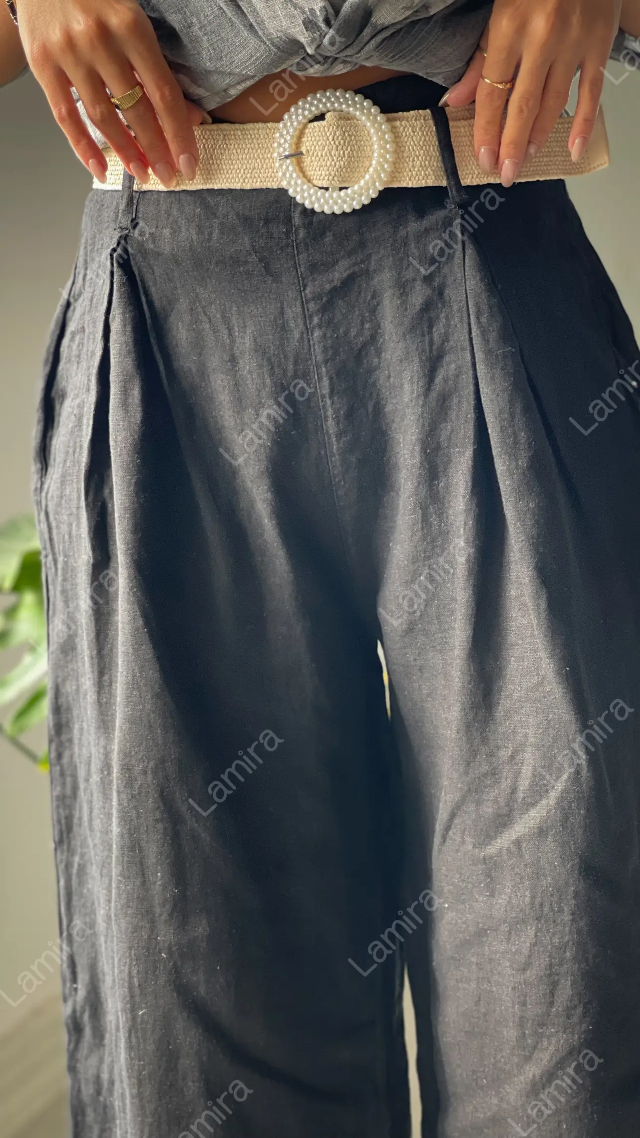 شلوار لینن ایتالیایی کمربند مرواریدی